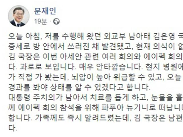 文 대통령 아세안 정상회의 실무 총괄한 김은영 외교부 <strong>국장</strong>, 쓰러져 의식 없어