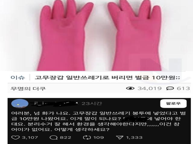 고무장갑 <strong>일반</strong><strong>쓰레기</strong>로 버렸다가 벌금 낸 사람