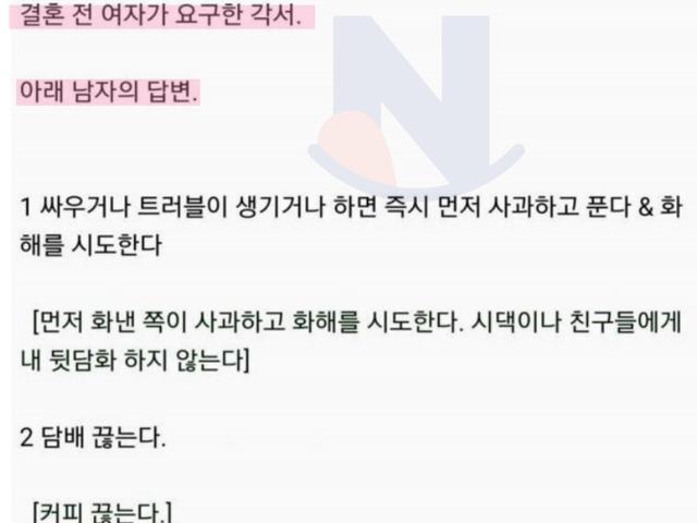 결혼 <strong>전</strong> 아내가 요구한 각서 22가지수준