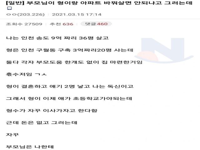 부모님이 형이랑 <strong>아파트</strong> 바꿔살면 안되냐고 그러는데