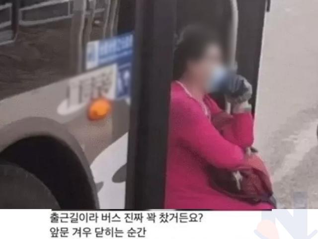일행 기다린다고 '출근 <strong>버스</strong>' 앞문에 앉아 출발 못하게 하는 아줌마
